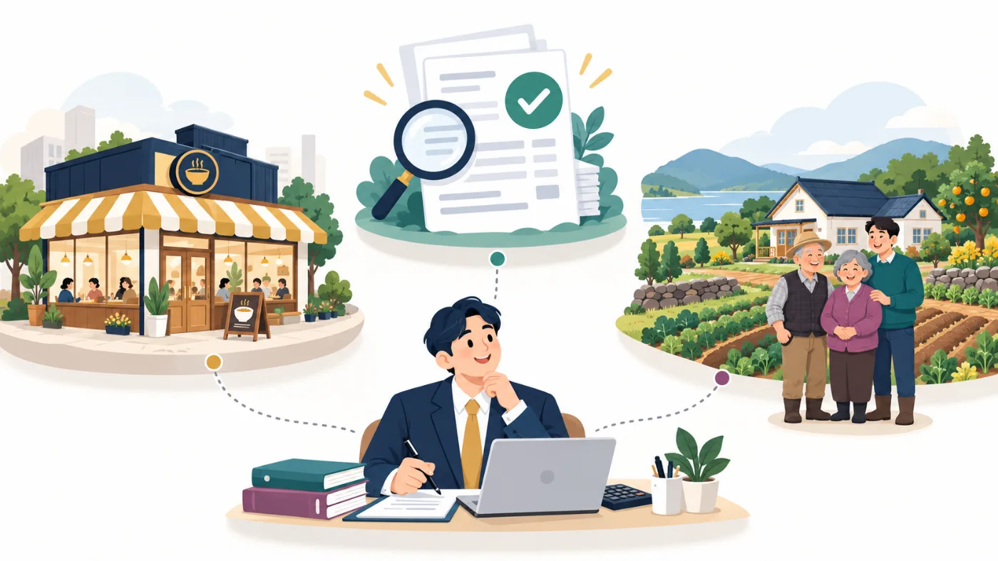 요식업 매장, 환급 검토 서류, 시골 집과 가족을 세무사가 함께 돌보는 그림