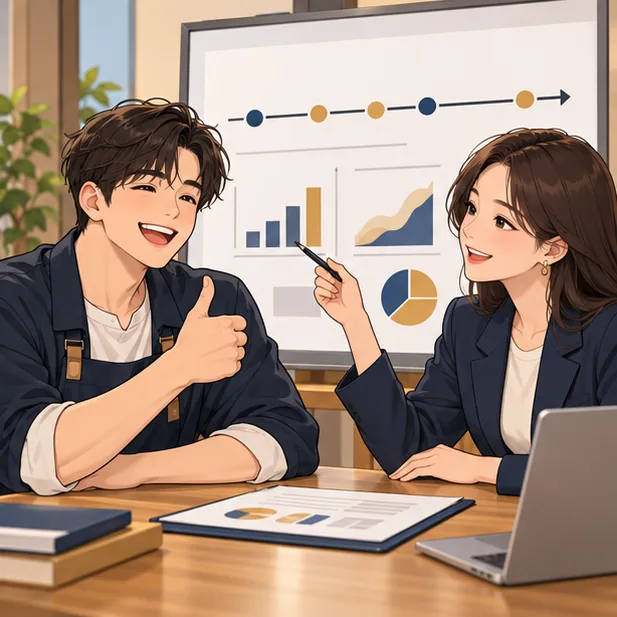 세무사가 타임라인 차트로 설명하고 사장님이 엄지를 든 장면