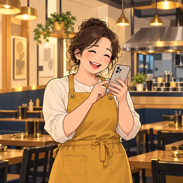리모델링한 가게에서 휴대폰을 보며 기뻐하는 사장님