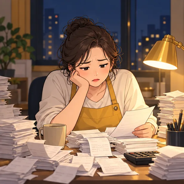 영수증 더미 앞에서 지친 사장님