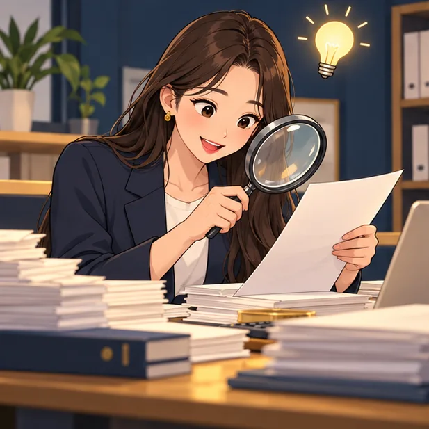 돋보기로 서류를 살피는 세무사