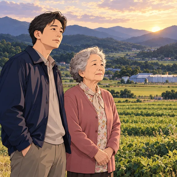 시골 농지를 바라보는 아들과 어머니