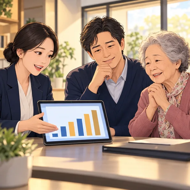 세무사가 태블릿 그래프로 설명하는 장면